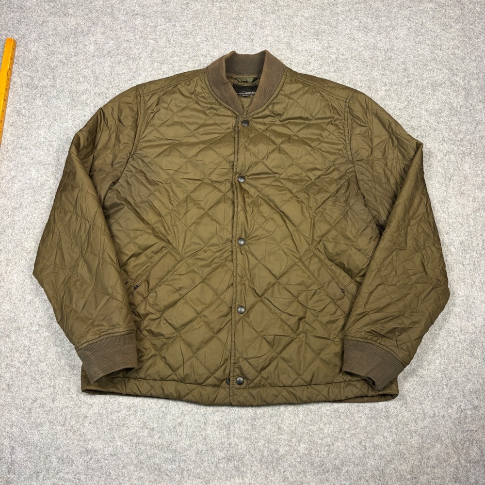 Banana Republic Mens Quilted Bomber Jacket Olive Green Snap Front Large